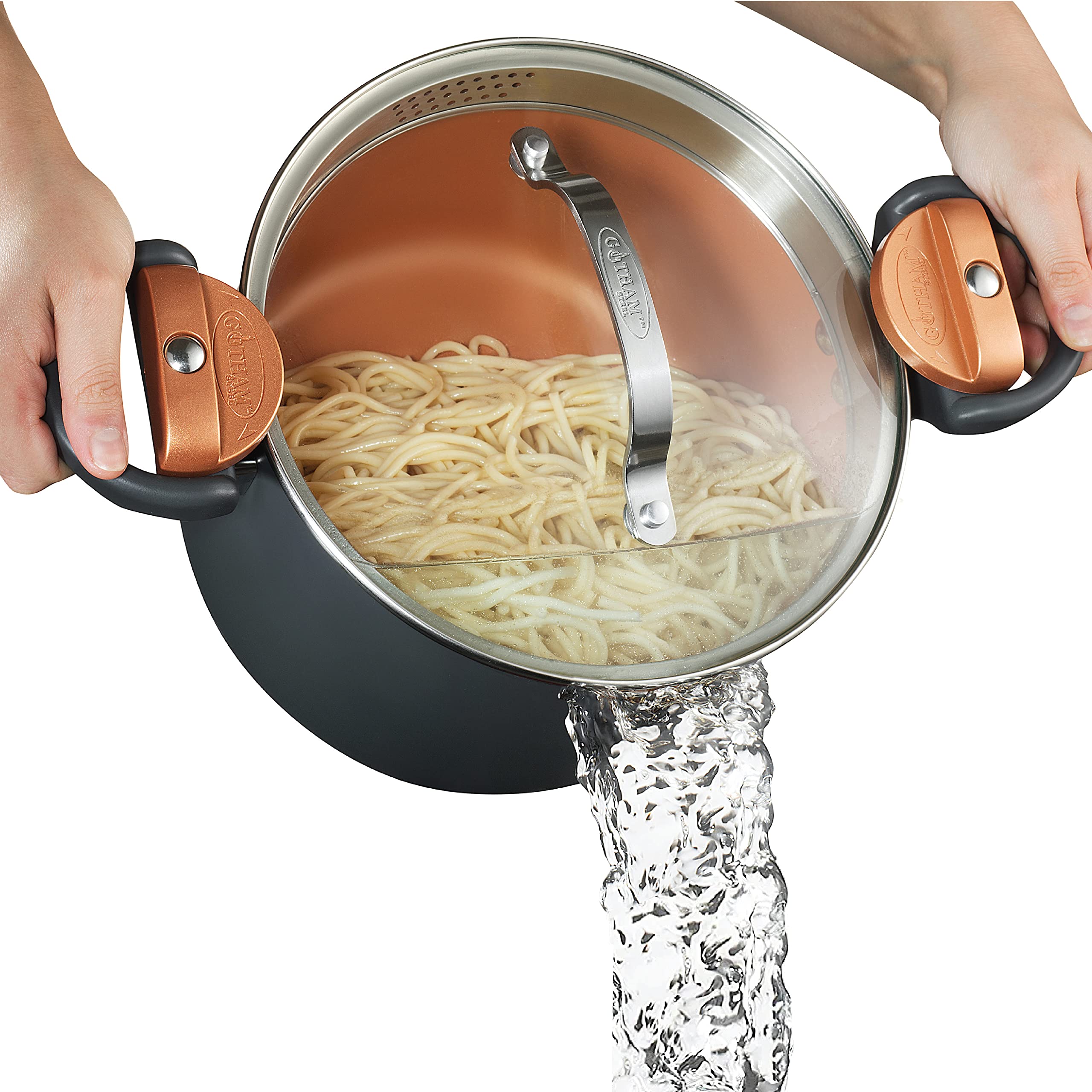 Gotham Steel stock pot with built-in strainer lid for easy draining.