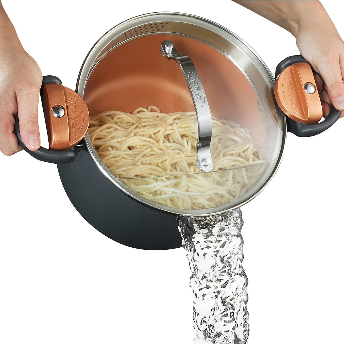 Gotham Steel stock pot with built-in strainer lid for easy draining.