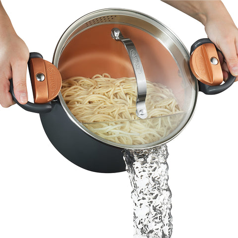 Gotham Steel stock pot with built-in strainer lid for easy draining.