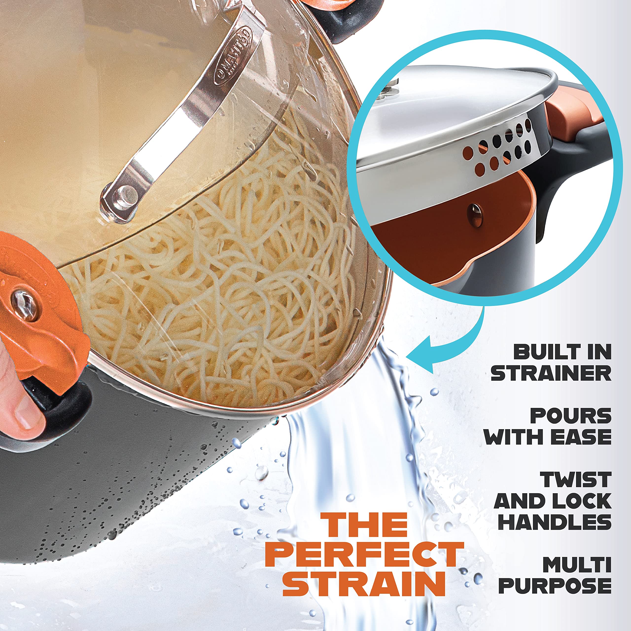 Gotham Steel stock pot with twist-and-lock handles for safer pouring.