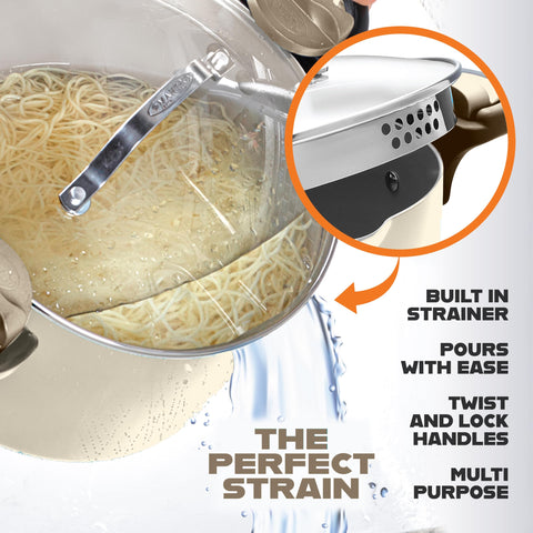GOTHAM STEEL strainer lid in use for quick pasta draining.