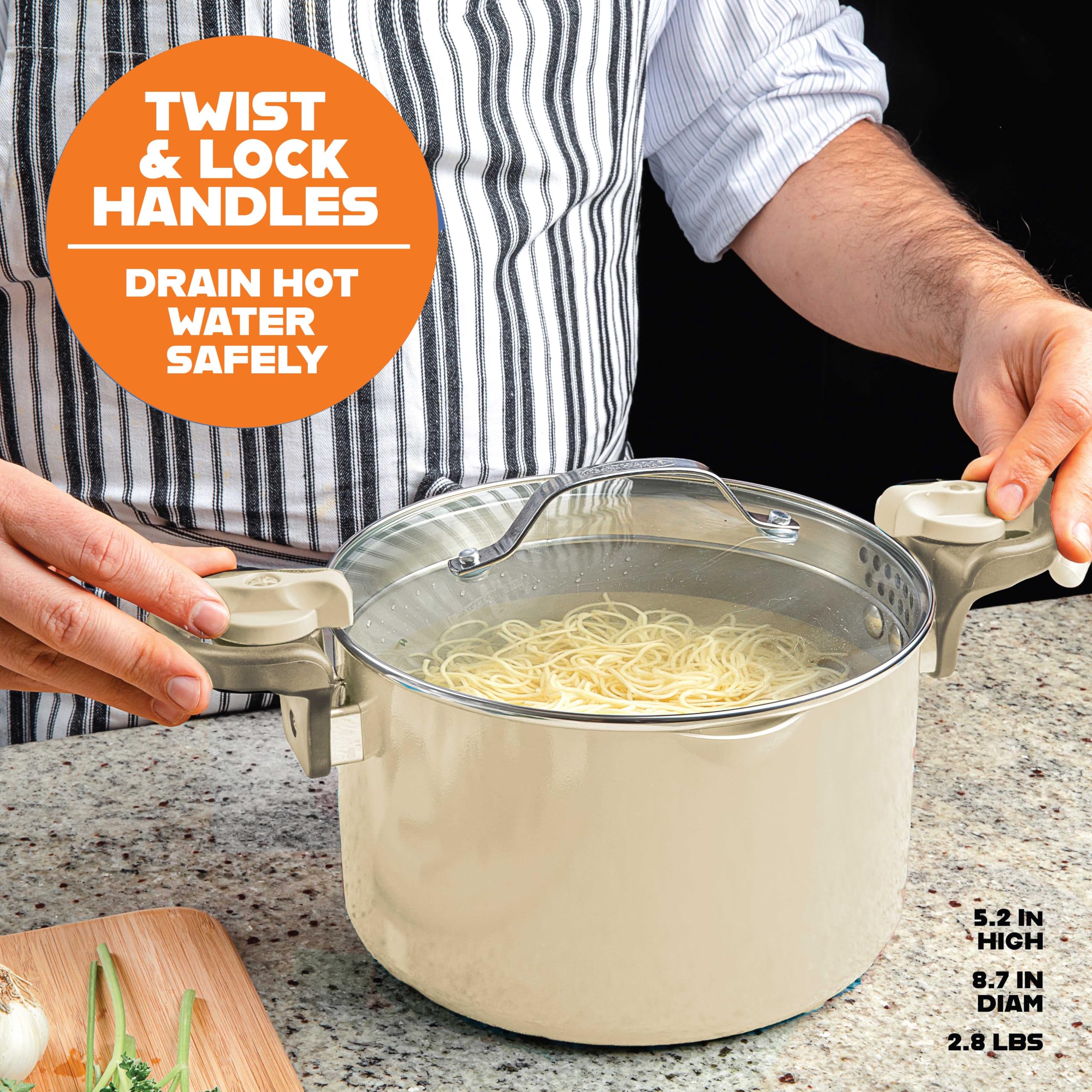 GOTHAM STEEL twist and lock handles keep liquid contained during draining.