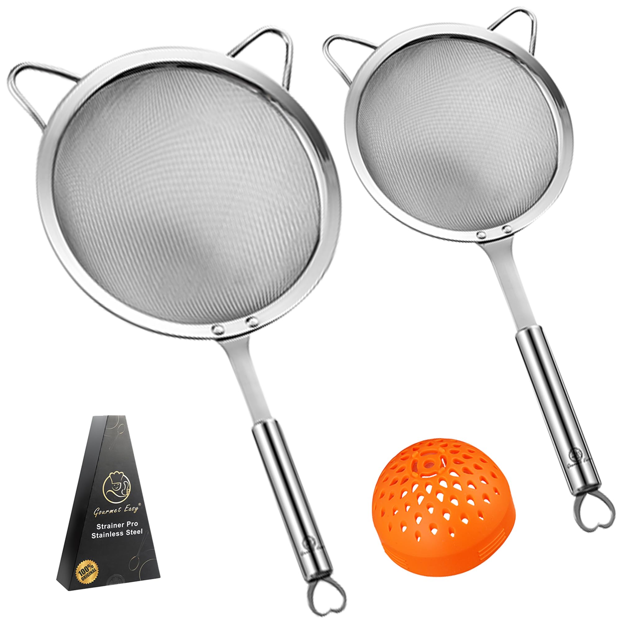 Gourmet Easy large 8-inch fine mesh strainer for pasta and vegetables.