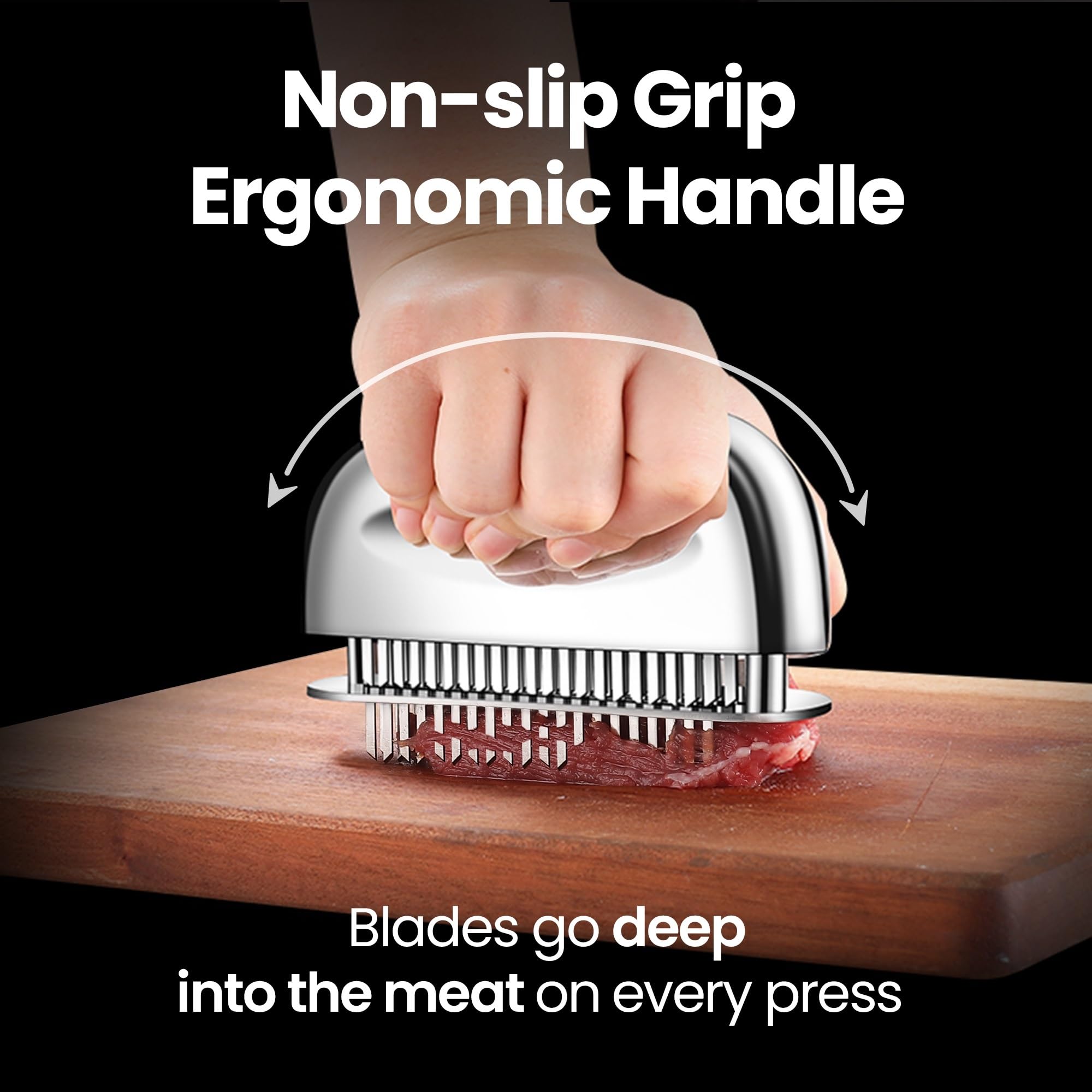 Gourmet Easy ergonomic handle ensures even pressure for consistent tenderizing.