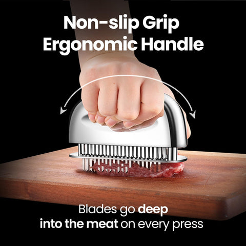 Gourmet Easy ergonomic handle ensures even pressure for consistent tenderizing.