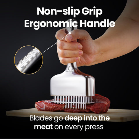 Gourmet Easy tenderizer with long handle provides a comfortable grip for precise pressing.