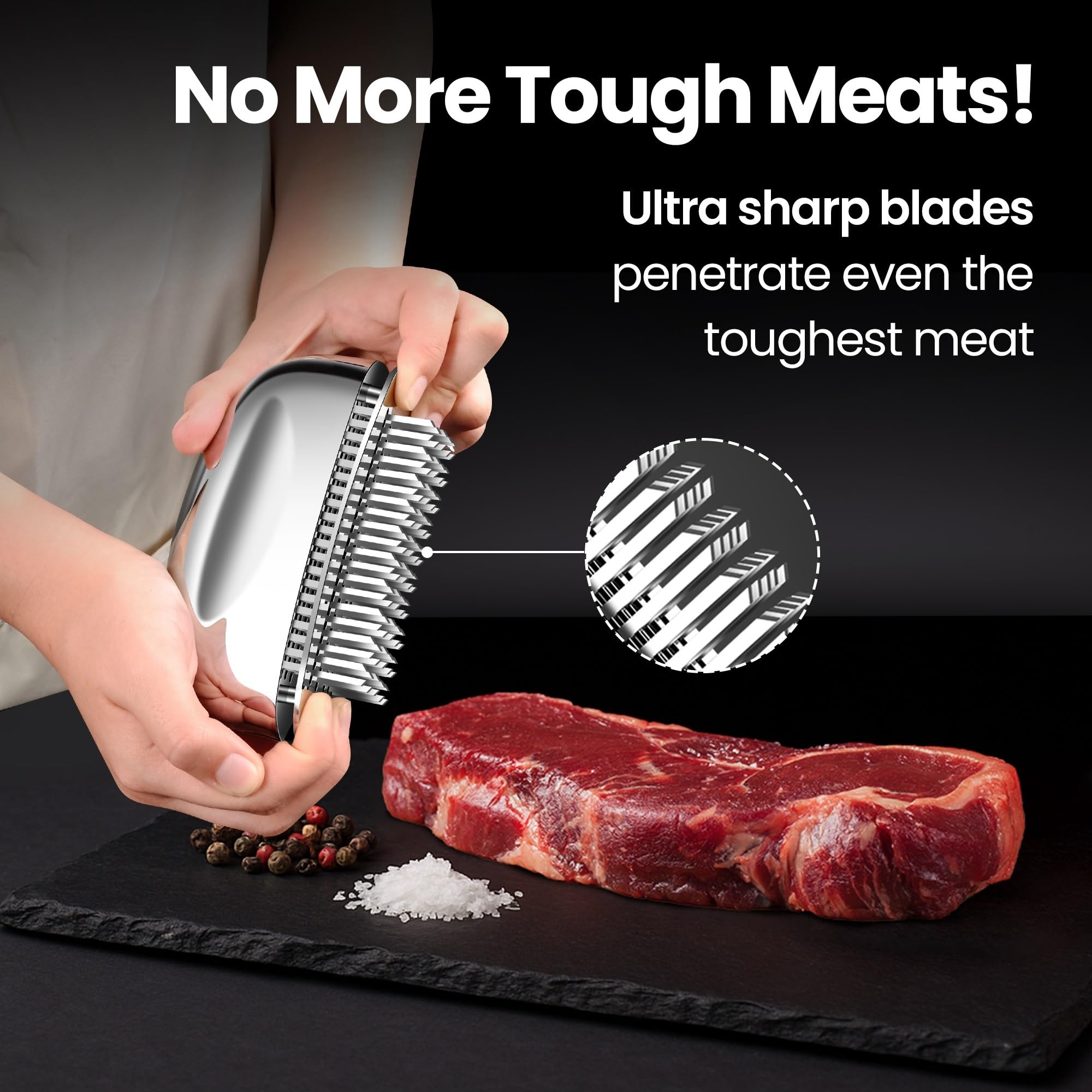 Gourmet Easy meat tenderizer one-piece design eliminates assembly for quick prep.