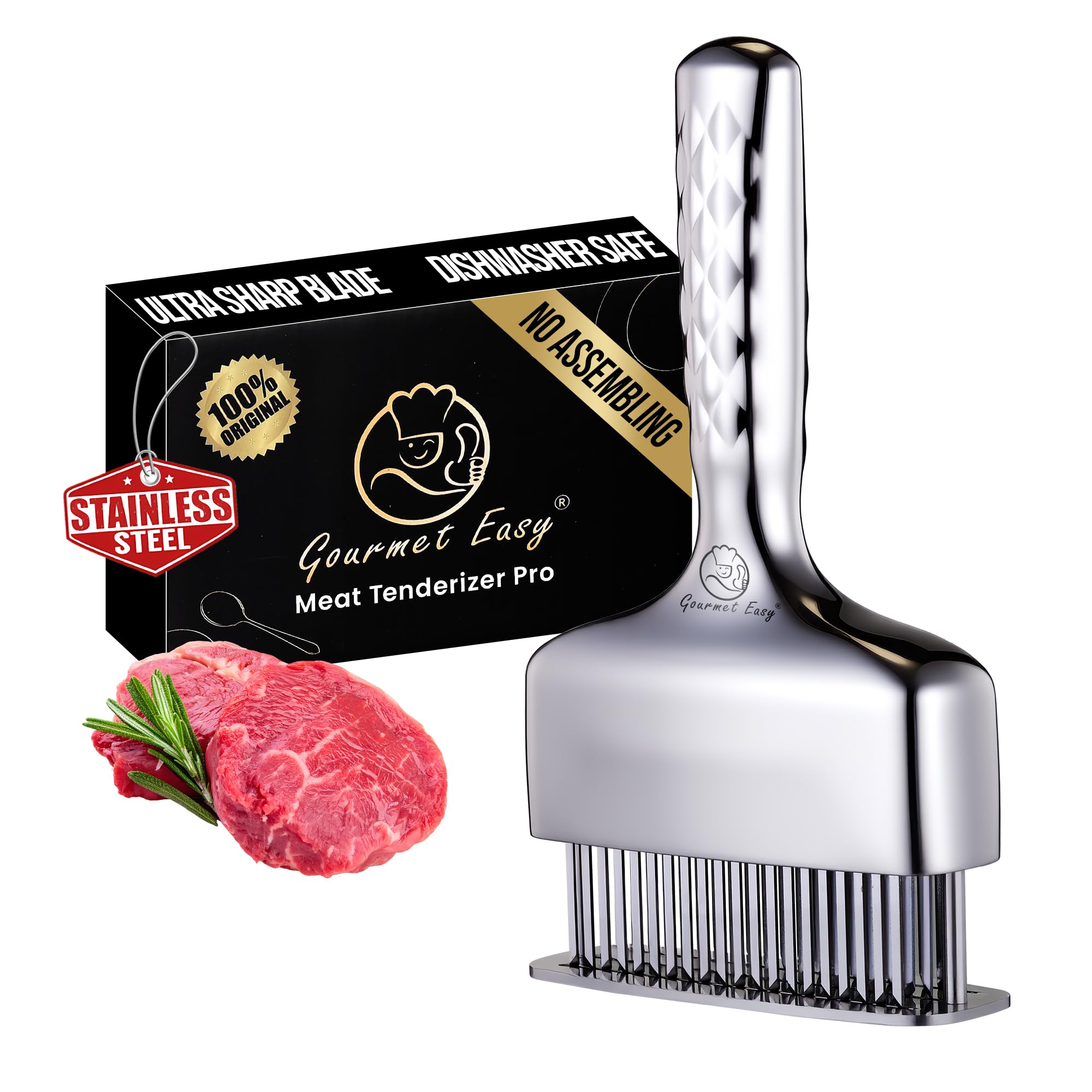 Gourmet Easy meat tenderizer in one-piece design delivers uniform tenderness.
