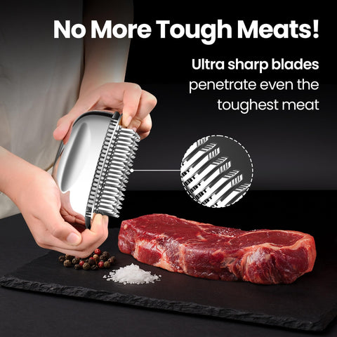 Gourmet Easy meat tenderizer one-piece design eliminates assembly for quick prep.