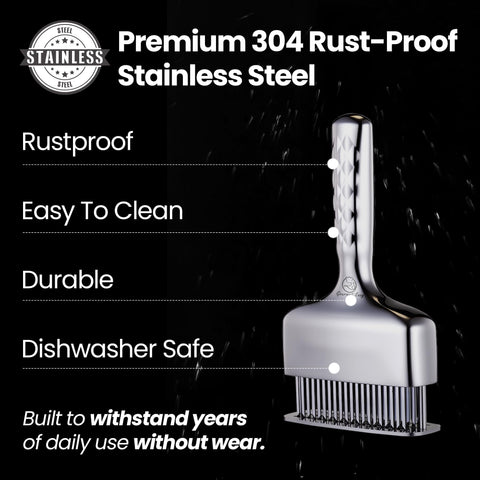 Gourmet Easy meat tenderizer is rustproof and dishwasher safe for easy cleanup.