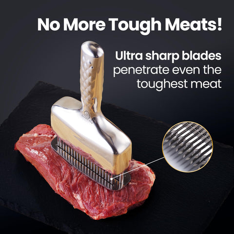 Gourmet Easy tenderizer with stainless blades penetrates meat fibers for better flavor absorption.