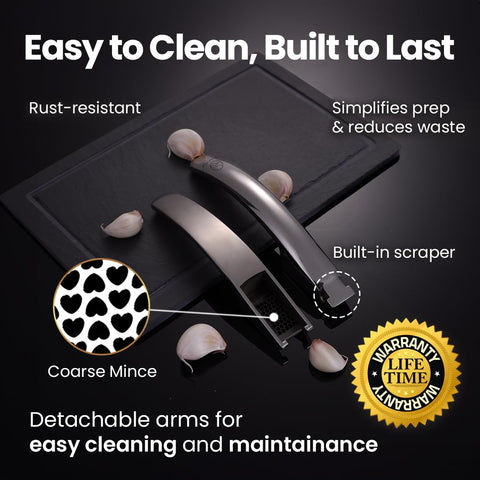 Gourmet Easy Stainless steel garlic press built to last in busy kitchens.