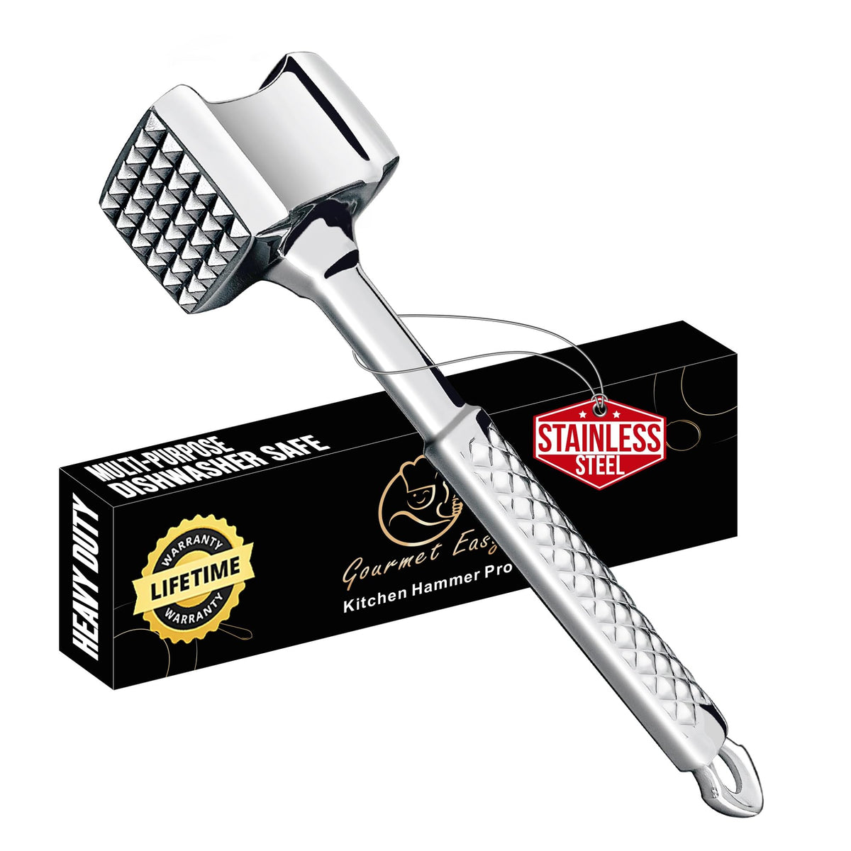 Gourmet Easy stainless steel tenderizer with a flat side for even pounding.