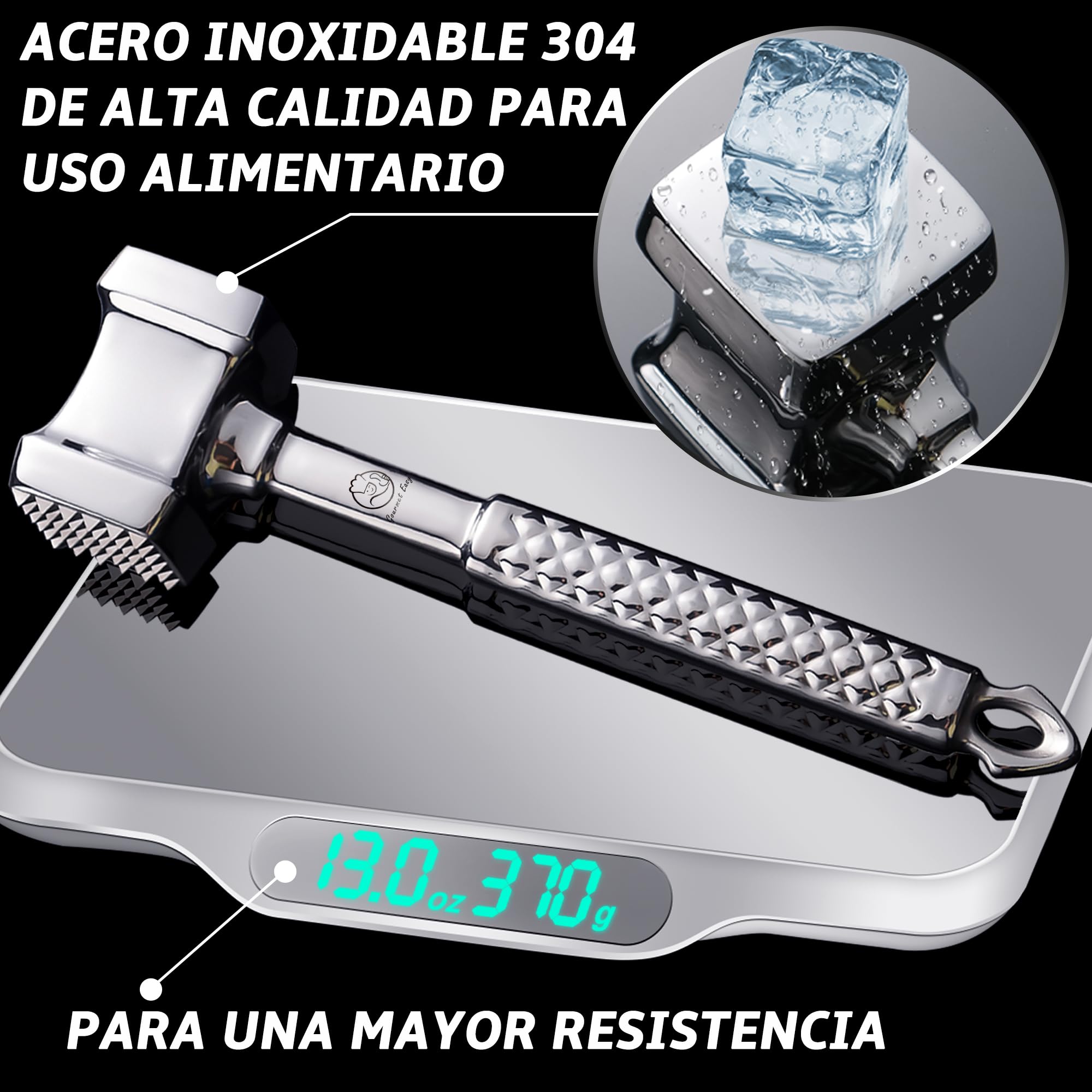Gourmet Easy tenderizer with textured side for tougher cuts.