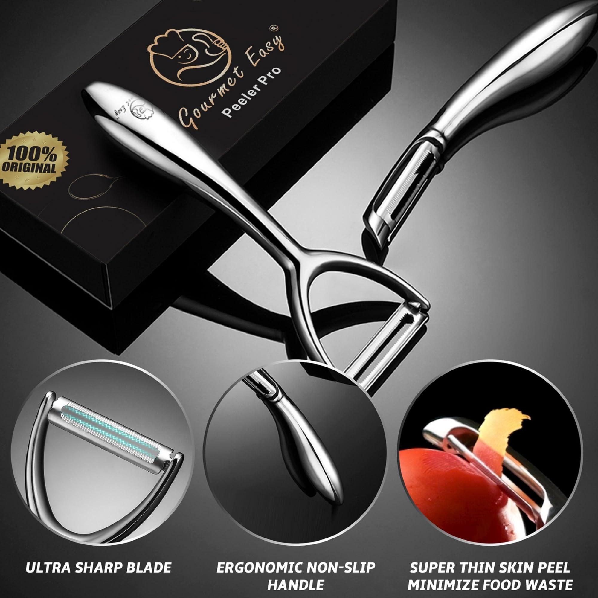 Gourmet Easy peeler with ergonomic non-slip handle offers comfortable control in every peel.