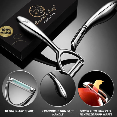 Gourmet Easy peeler with ergonomic non-slip handle offers comfortable control in every peel.