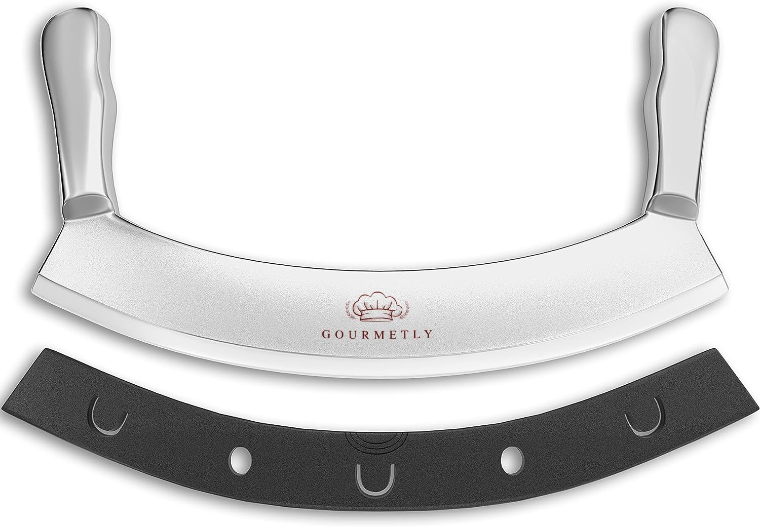 Gourmetly mezzaluna knife with 12-inch curved blade for precise slicing.