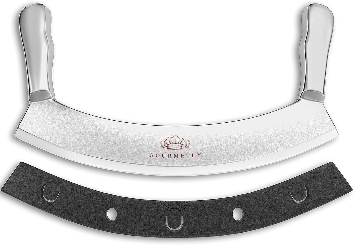 Gourmetly mezzaluna knife with 12-inch curved blade for precise slicing.