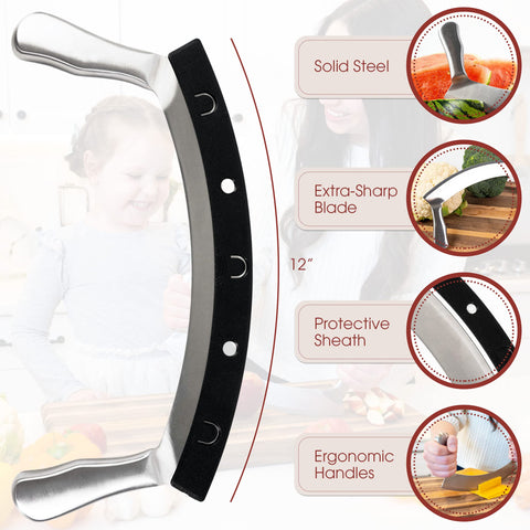Gourmetly rocker knife slicing pizza smoothly with ergonomic handles.