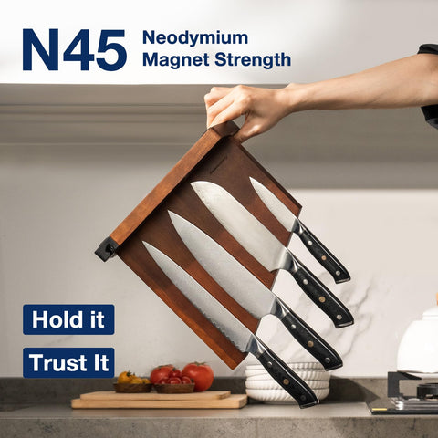 Gourmetop acacia wood knife block in dark finish protects blades and adds warmth.