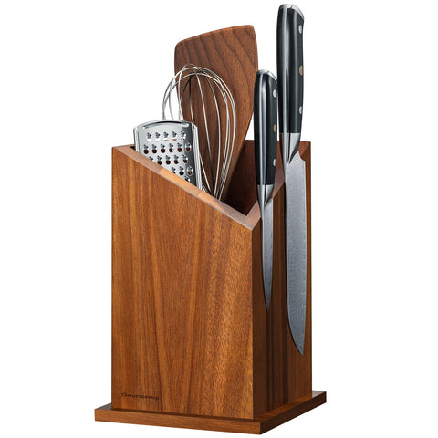 Gourmetop acacia knife holder on countertop keeps knives organized.
