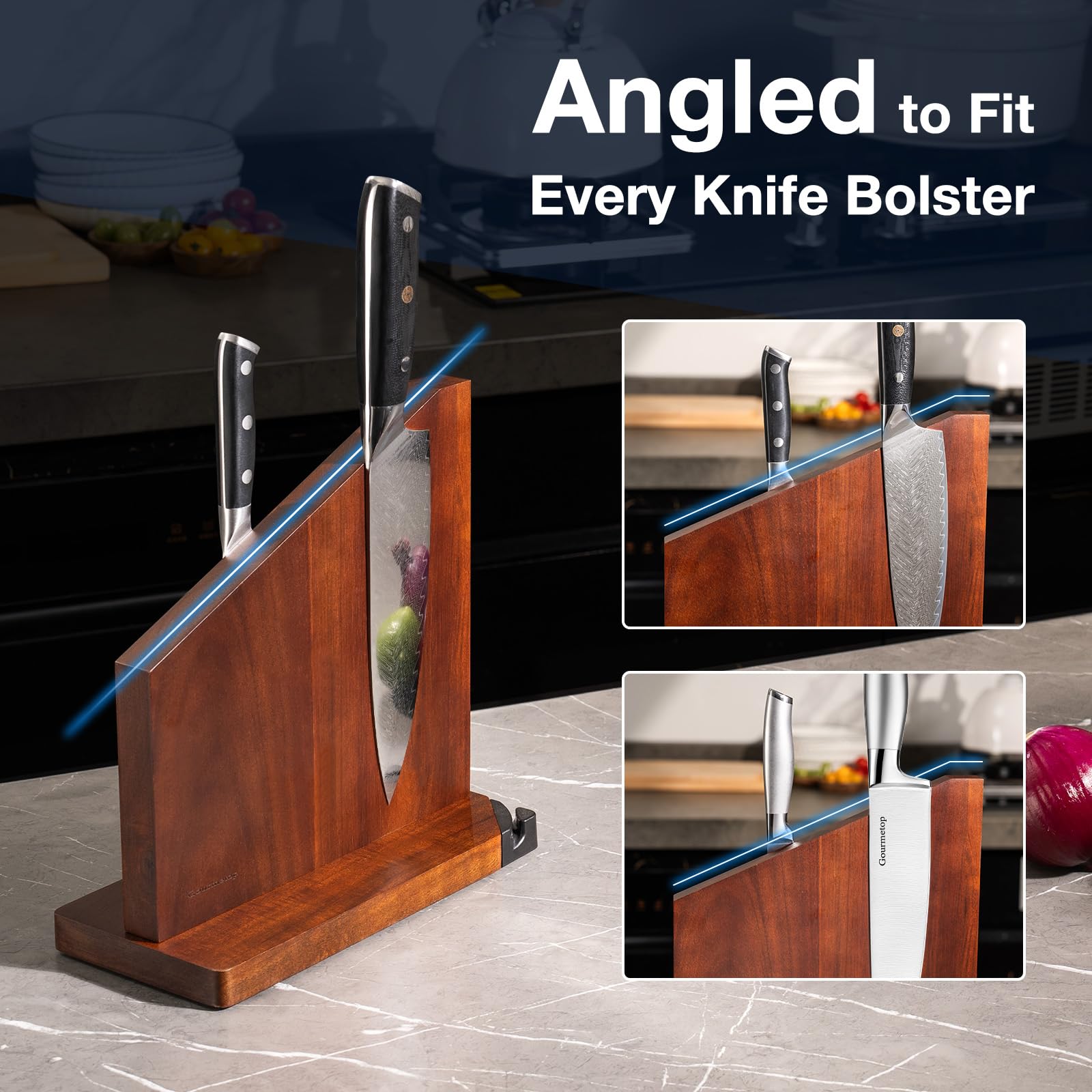 Gourmetop built-in sharpener keeps blades ready for use.