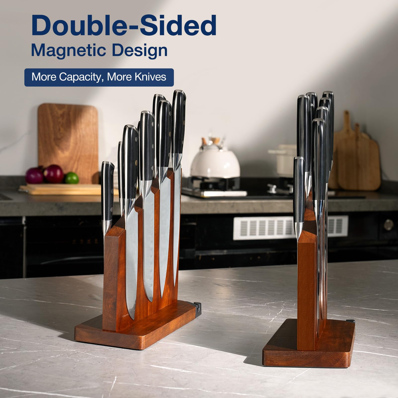 Gourmetop double-sided magnet design maximizes knife storage on the counter.