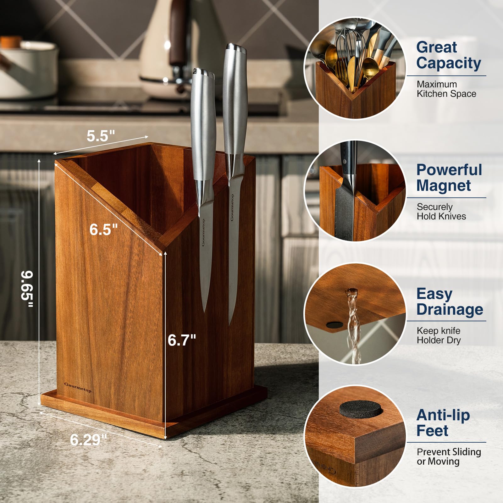Gourmetop draining hole dries tools after washing for easy upkeep.