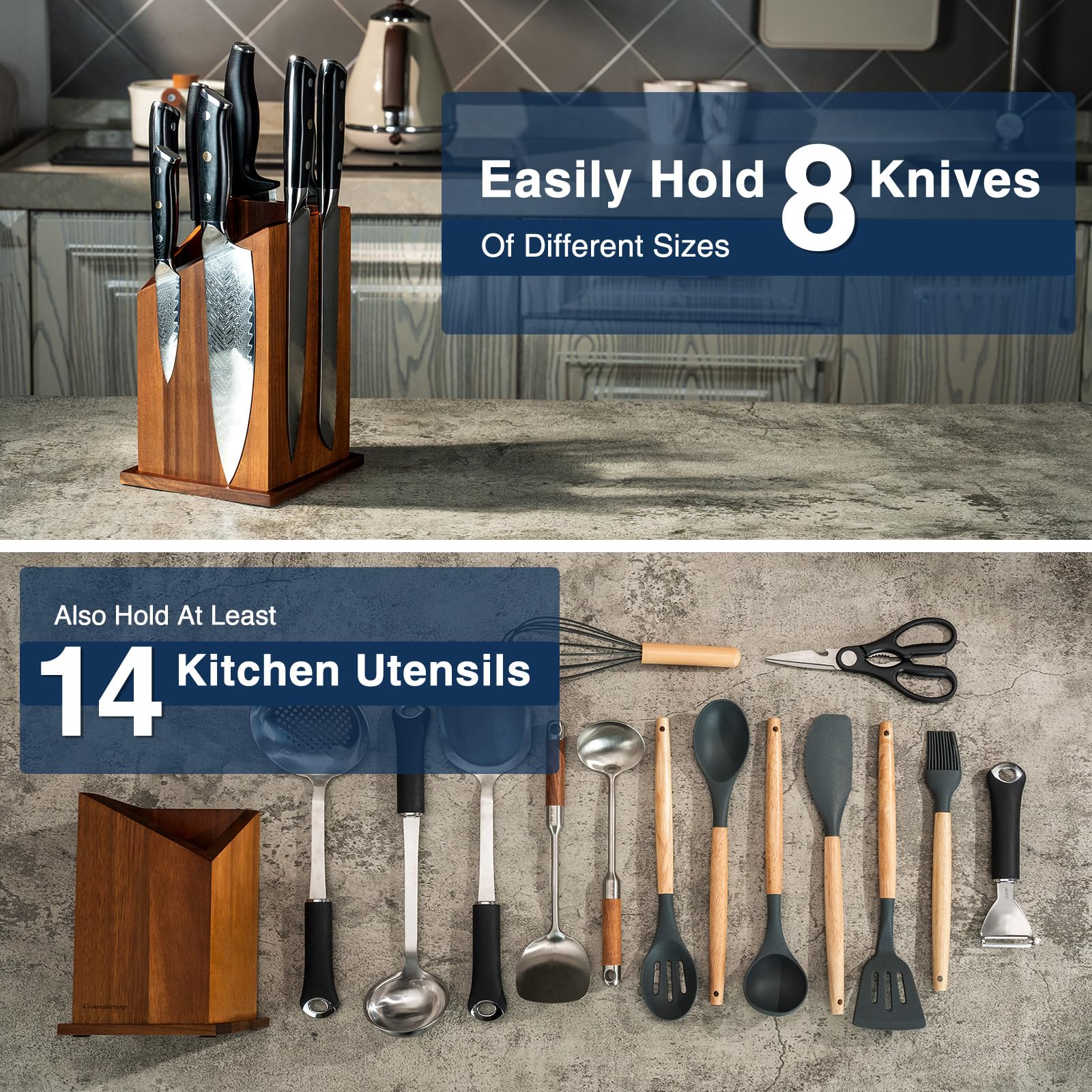Gourmetop acacia wood with embedded magnets for strong knife grip.