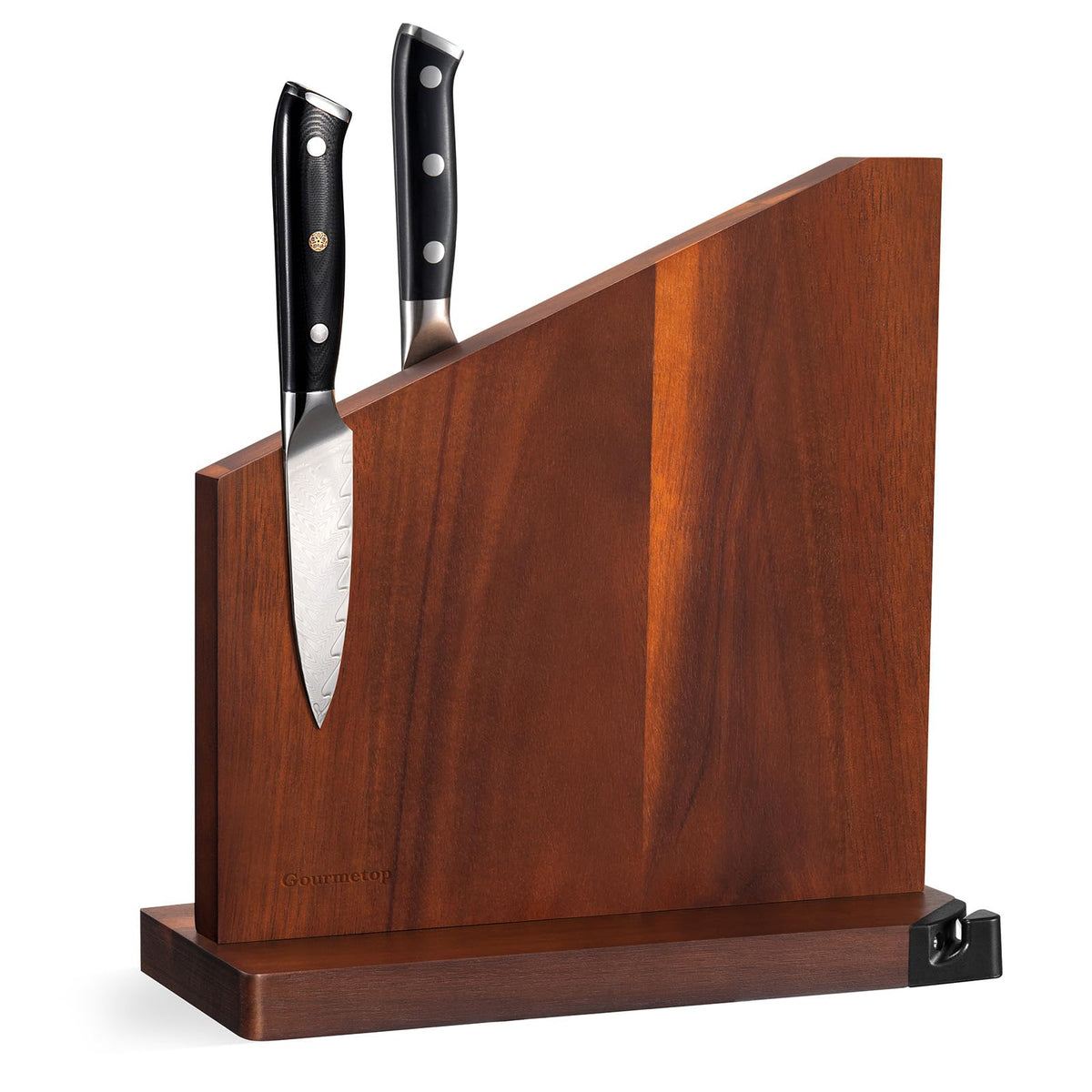 Gourmetop magnetic knife holder with built-in sharpener keeps blades secure and sharp.