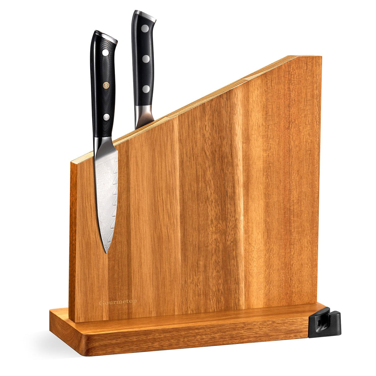 Gourmetop magnetic knife holder with built-in sharpener offering strong magnetic grip.