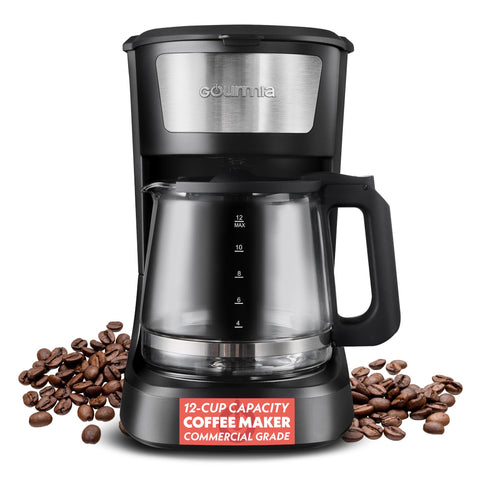 Gourmia 12-cup coffee maker front view with clear controls for quick brewing