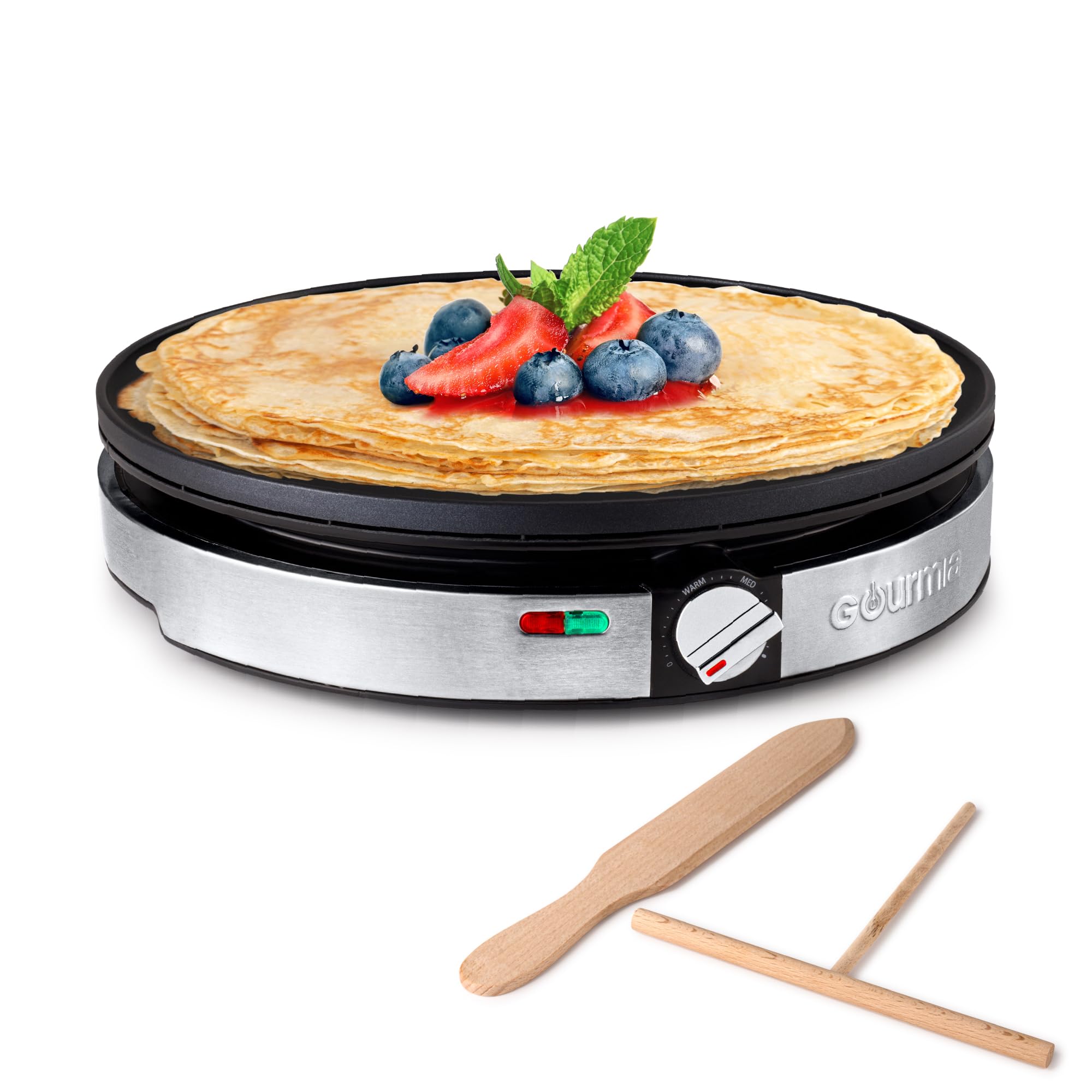 Gourmia 12-inch crepe maker with elevated design for restaurant-quality results.