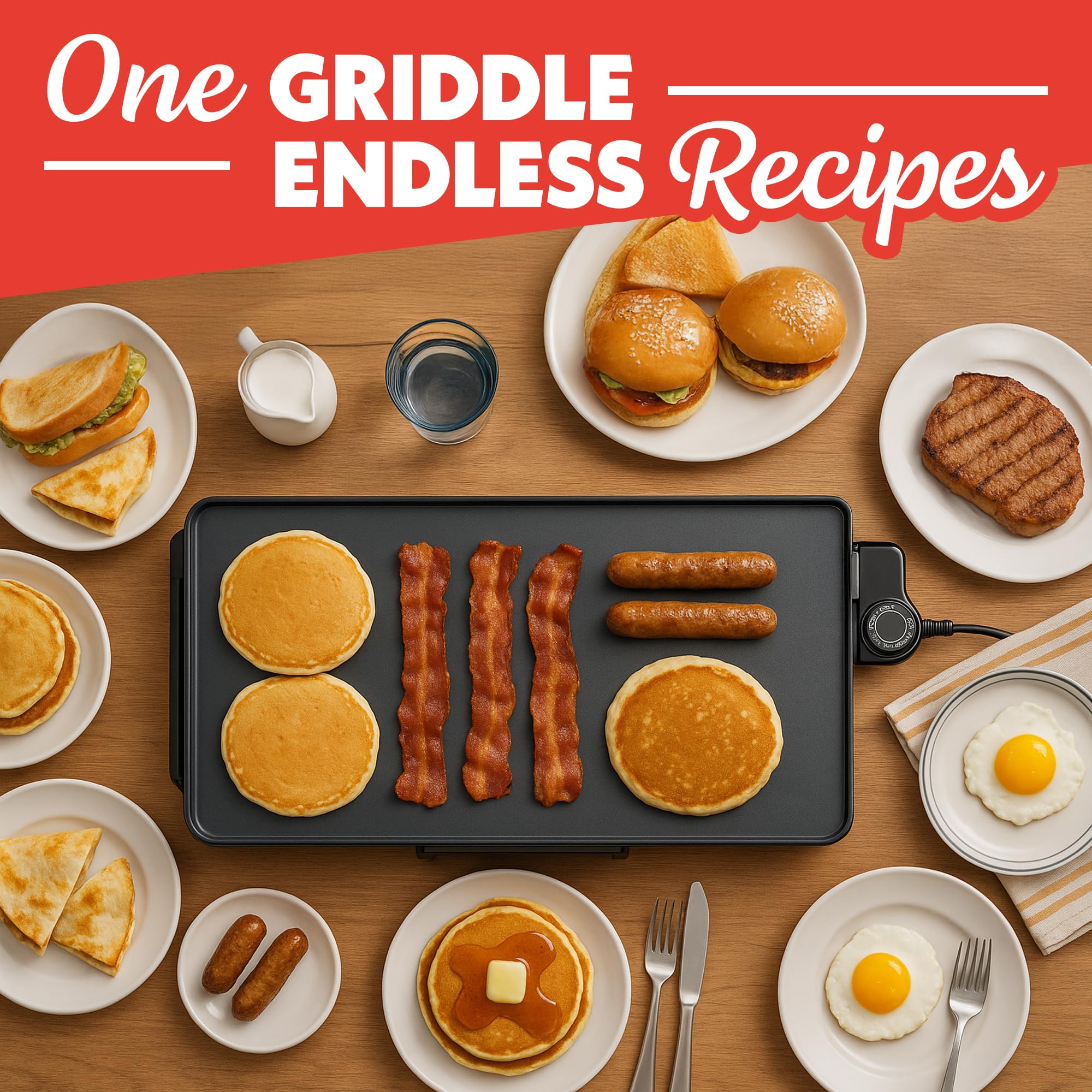 Gourmia 22in XL griddle angle view highlights ample cooking space.