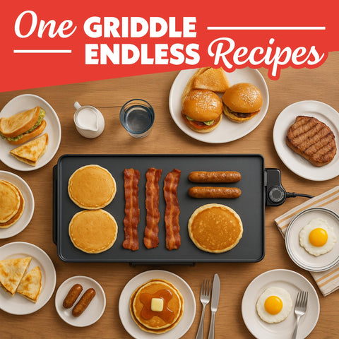 Gourmia 22in XL griddle angle view highlights ample cooking space.