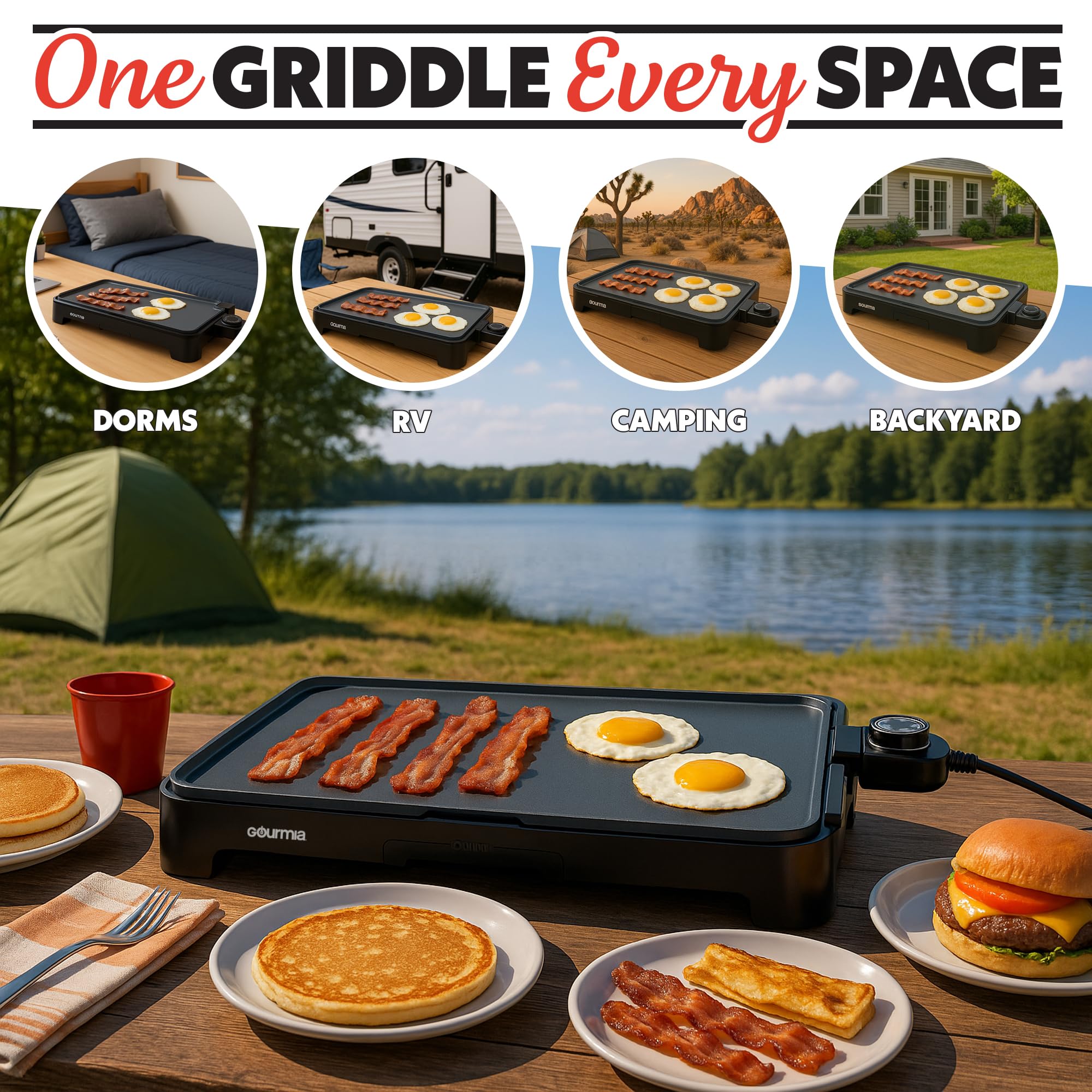 Gourmia 22in XL griddle ceramic nonstick surface for easy cleanup.