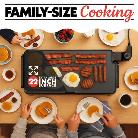 Gourmia 22in XL griddle slim handle-free design for compact storage.