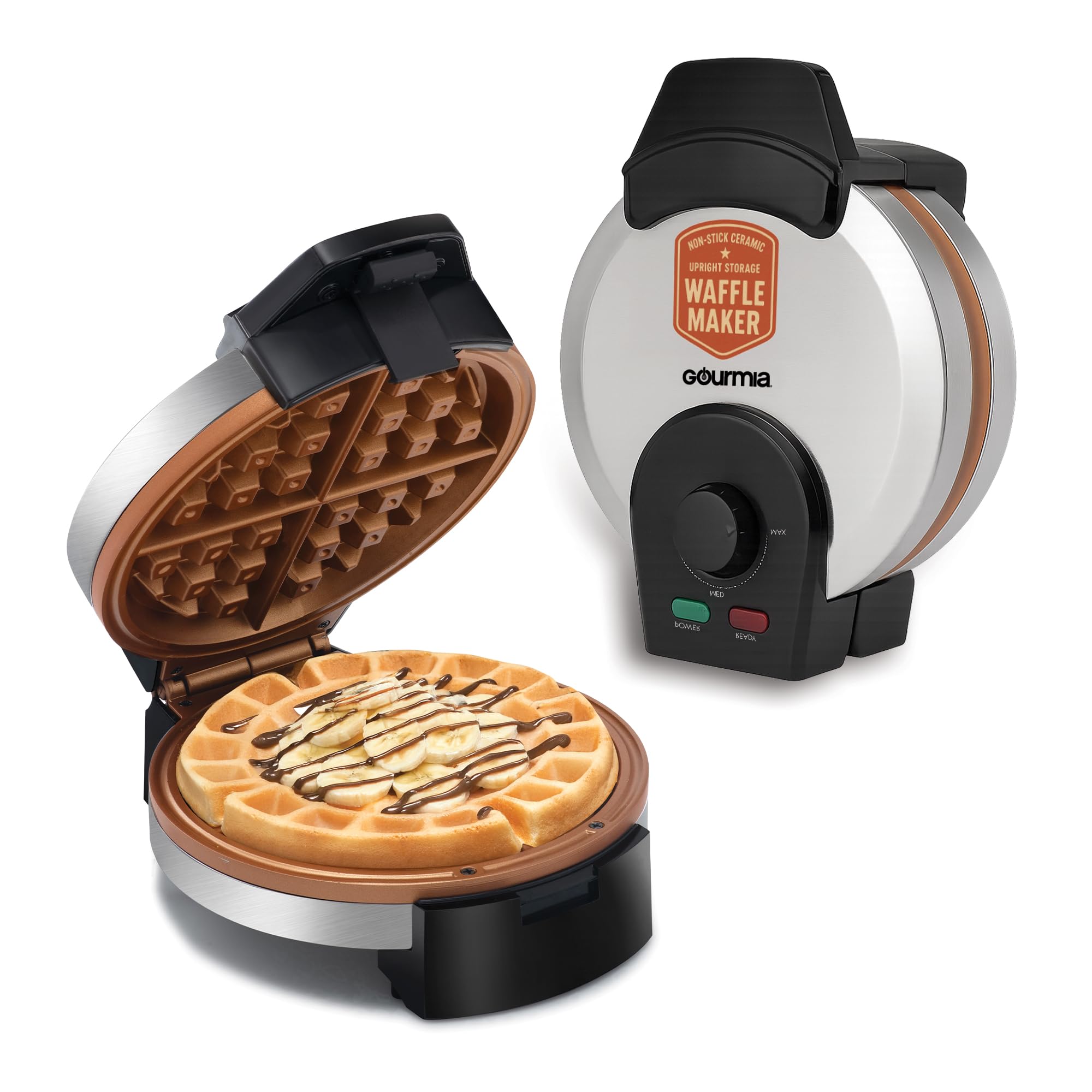 Gourmia Belgian Waffle Maker front view showing compact design for small kitchens