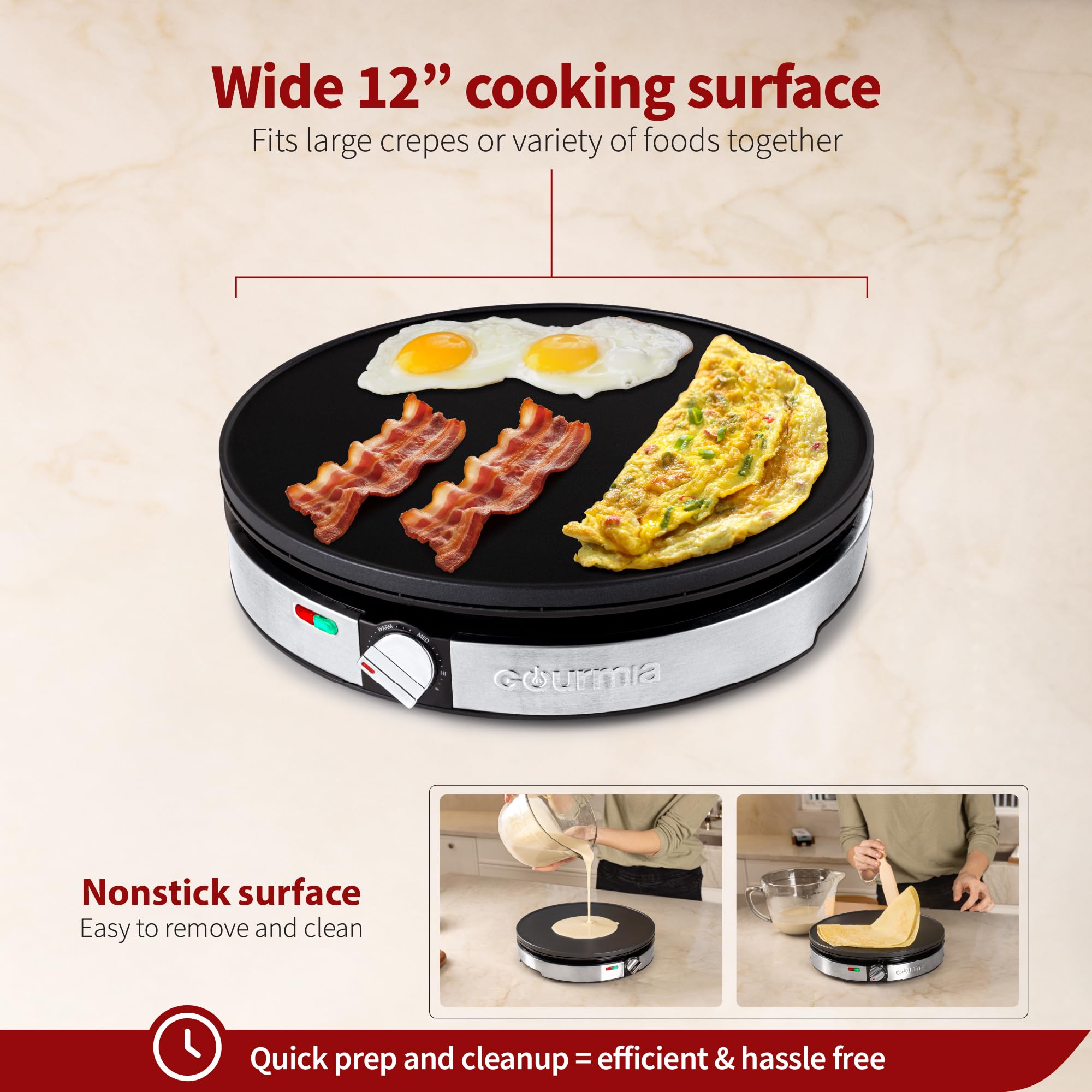 Gourmia 12-inch nonstick surface enables easy flipping and quick cleanup.