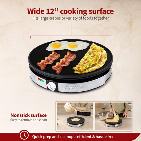 Gourmia 12-inch nonstick surface enables easy flipping and quick cleanup.