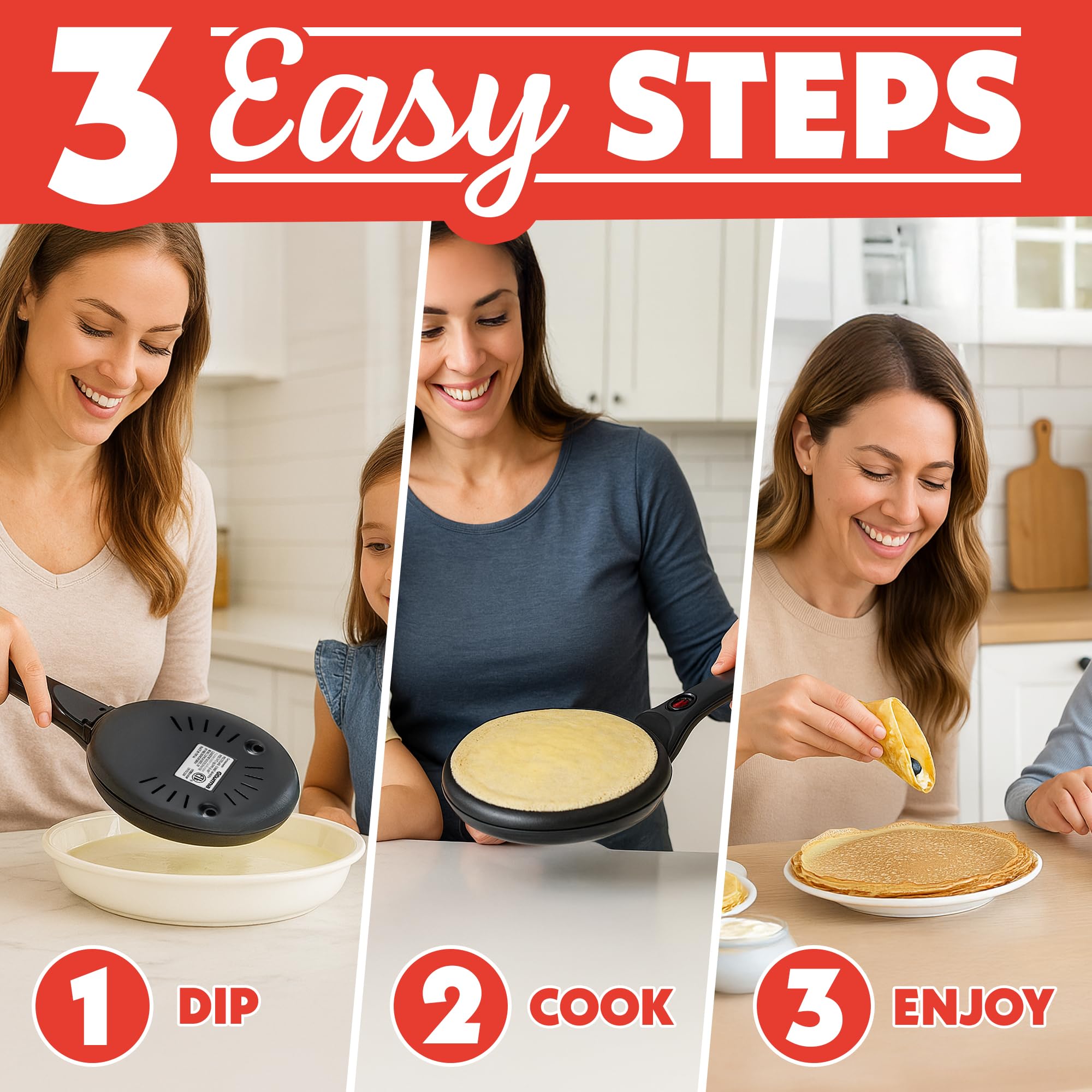 Gourmia crepe maker ceramic coating ensures easy release with minimal oil