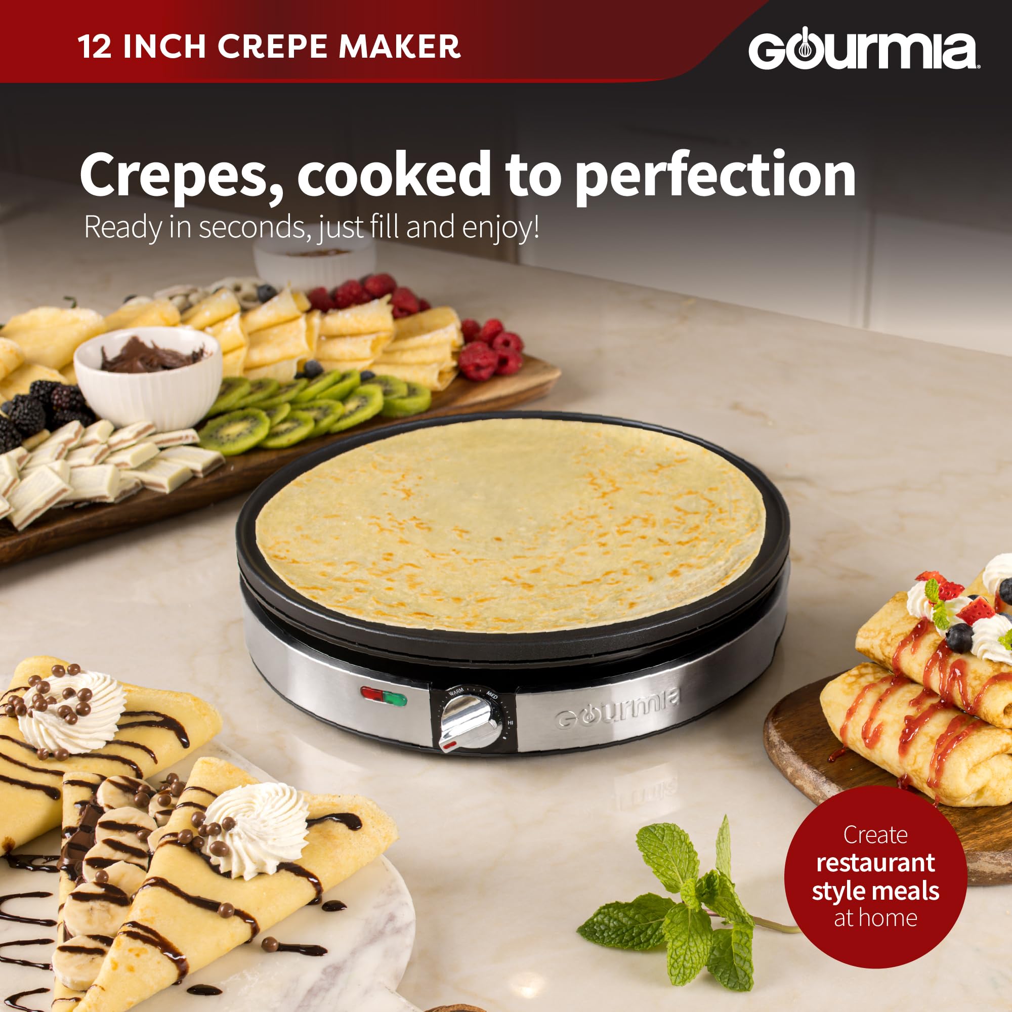 Gourmia crepe maker showing precise temperature control for even cooking.