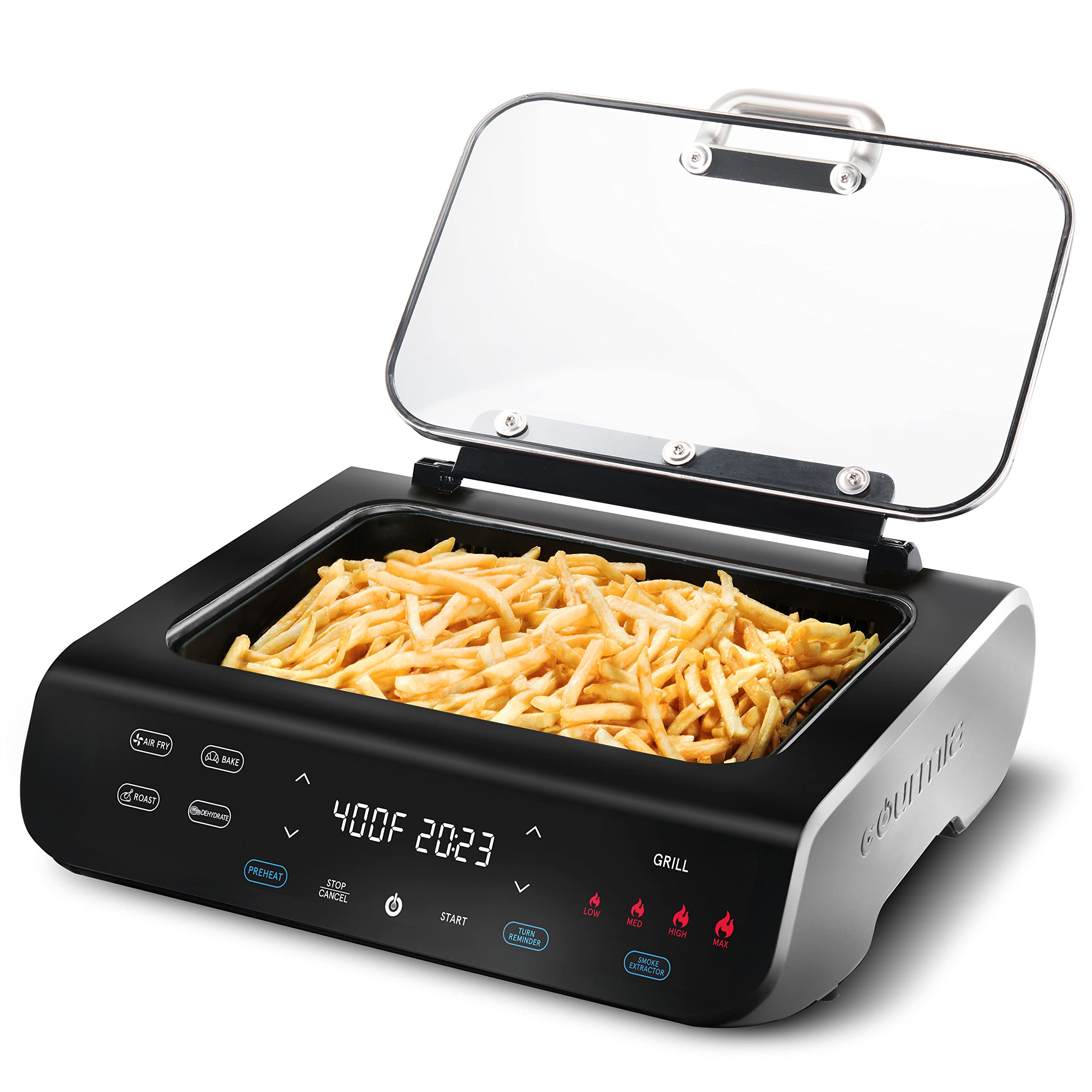 Gourmia smokeless grill with nonstick cast grate for easy searing.