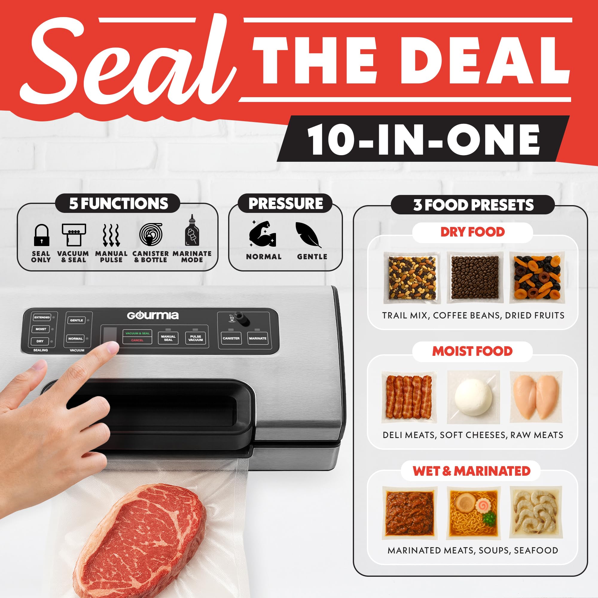 Gourmia Vacuum Sealer LED display guides precise settings for dry and moist foods