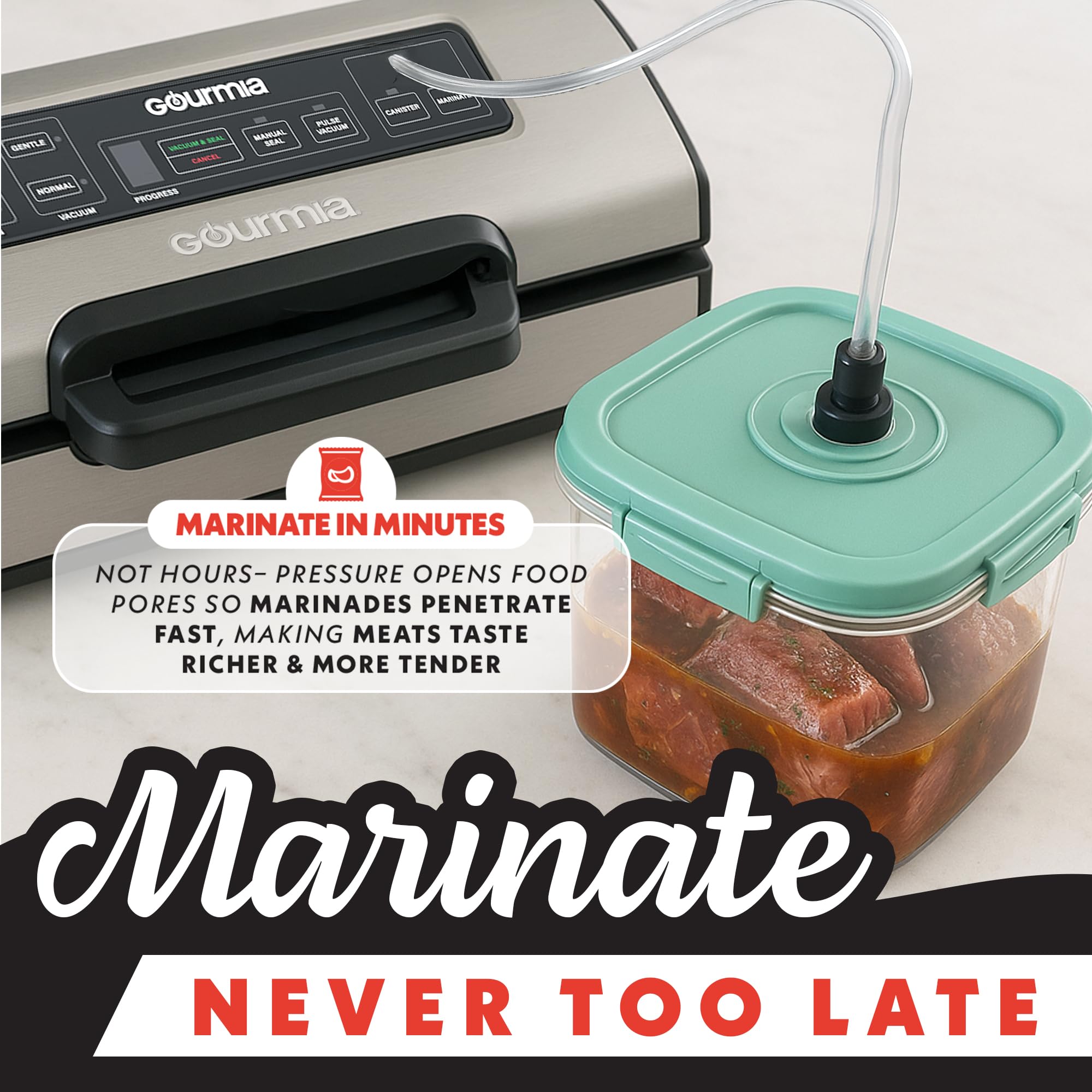 Gourmia Vacuum Sealer marinate mode speeds flavor infusion