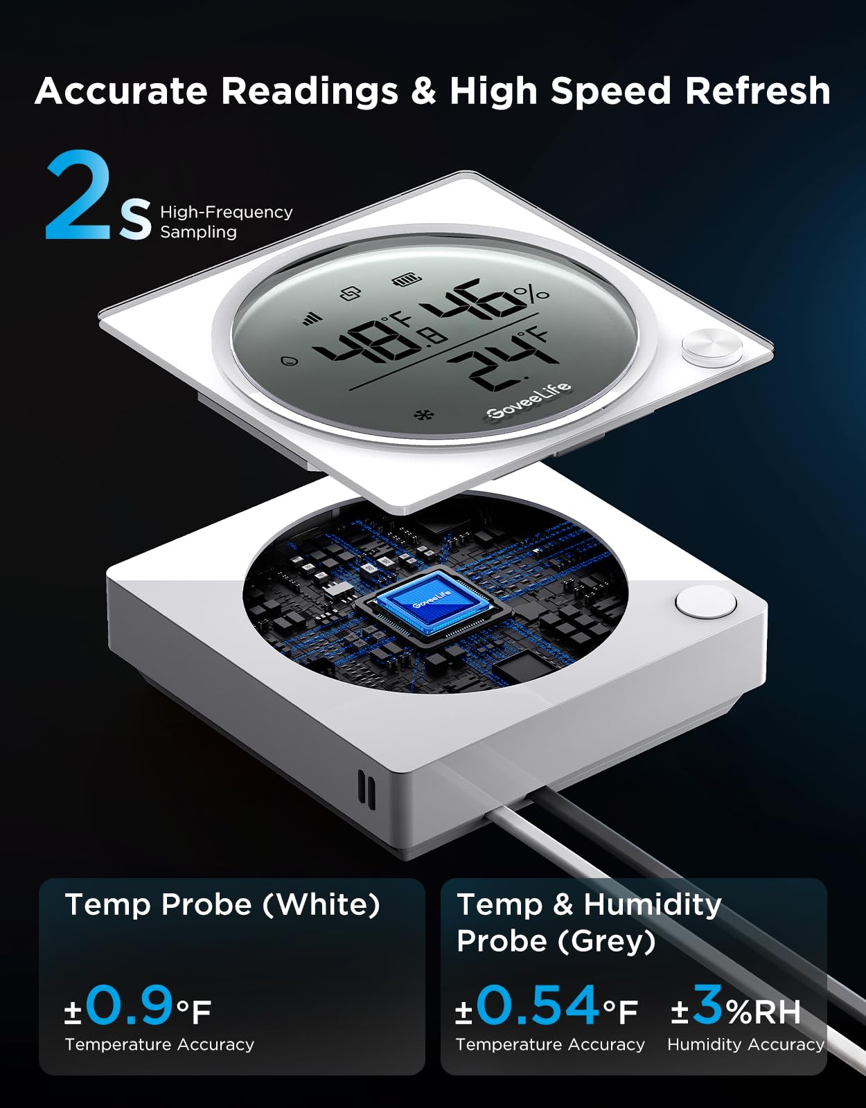 GoveeLife dual probes enable monitoring two freezer compartments accurately.