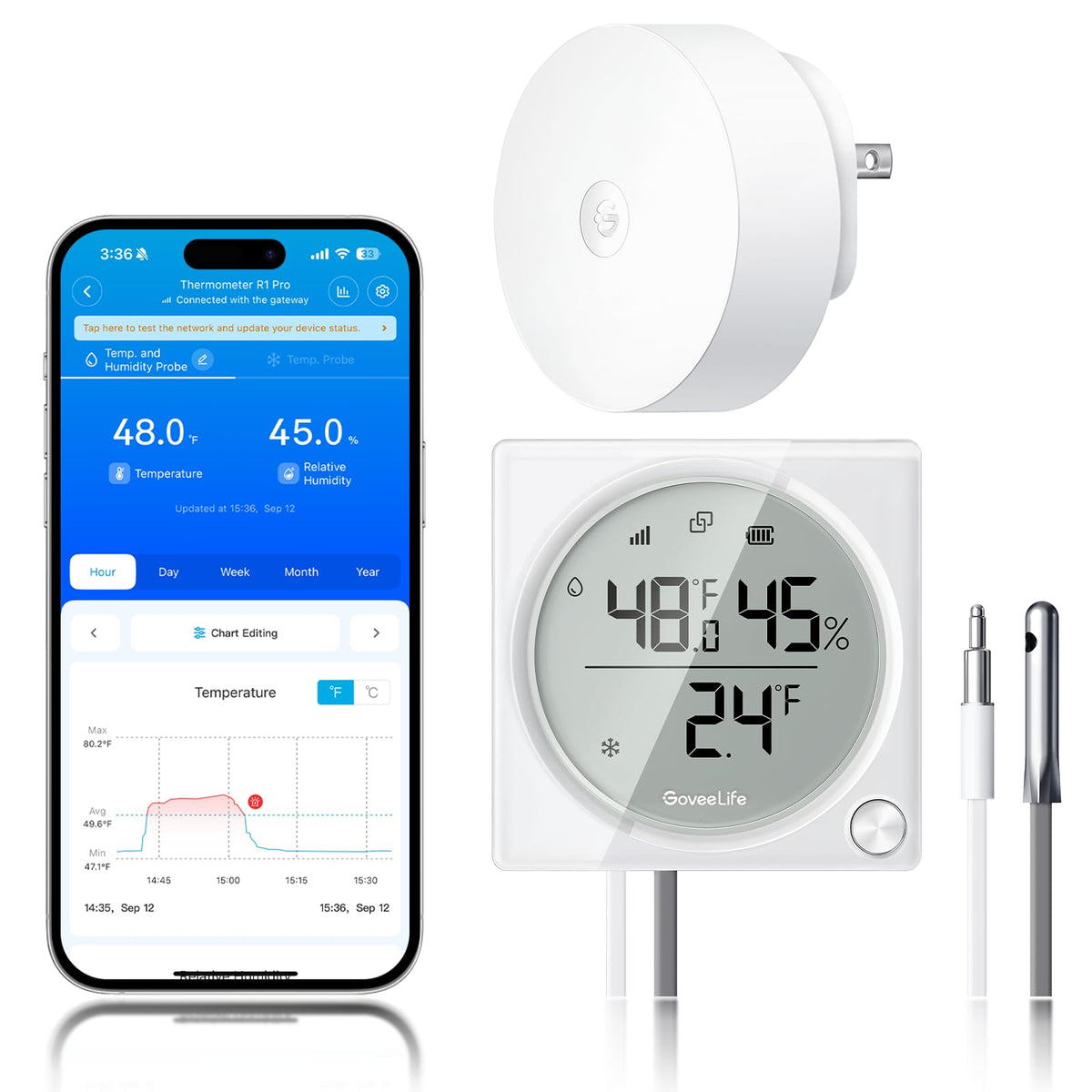 GoveeLife WiFi Freezer Temp Pro LCD display for quick temp and humidity viewing.