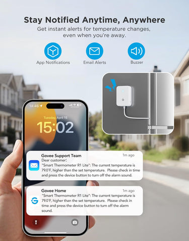 GoveeLife app alerts interface showing remote notifications for temperature changes.