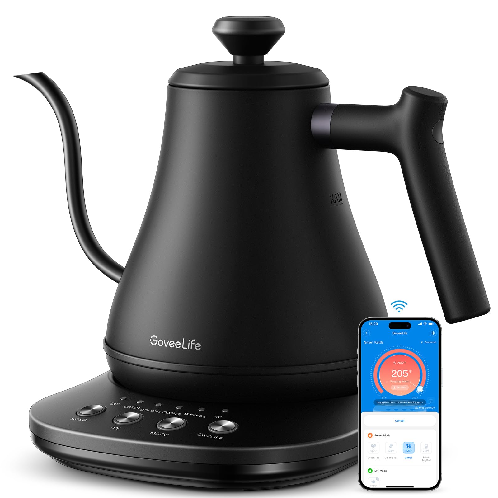 GoveeLife smart kettle front view in matte black for quick tea prep.