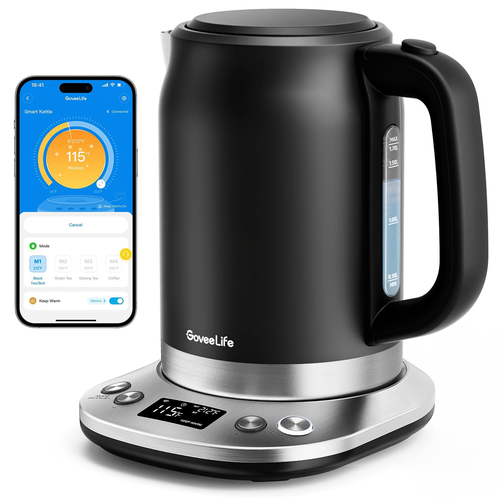 GoveeLife smart kettle rapid-boil heats water quickly for tea and coffee.